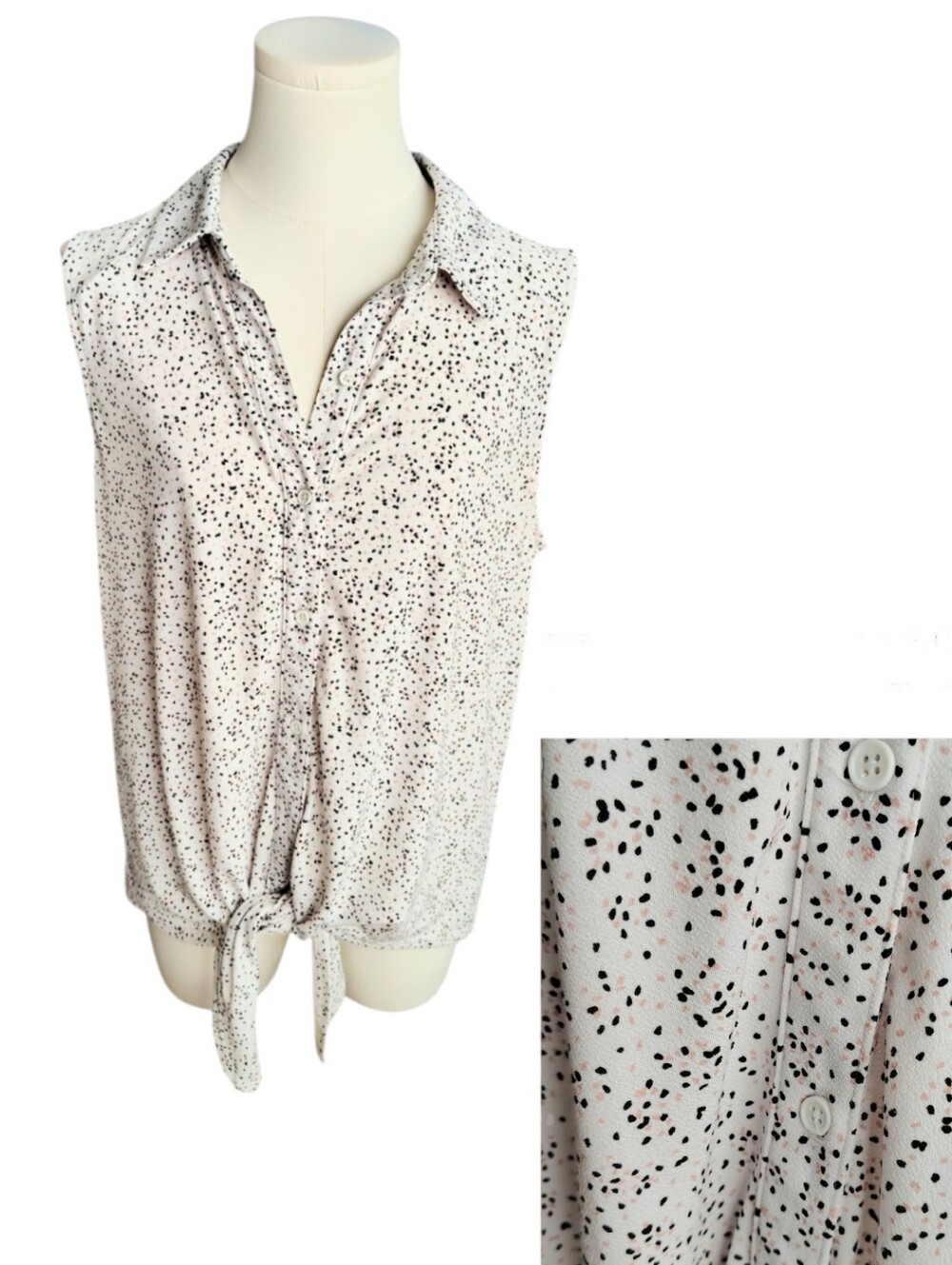 Adrianna Papell White Sleeveless Blouse With Pink and Black Pebbles Size Medium